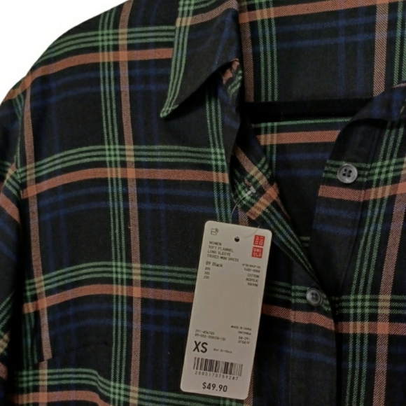 UNIQLO Soft Flannel Long Sleeve Tiered Black Green Blue Plaid Print Mini Dress - Picture 4 of 9